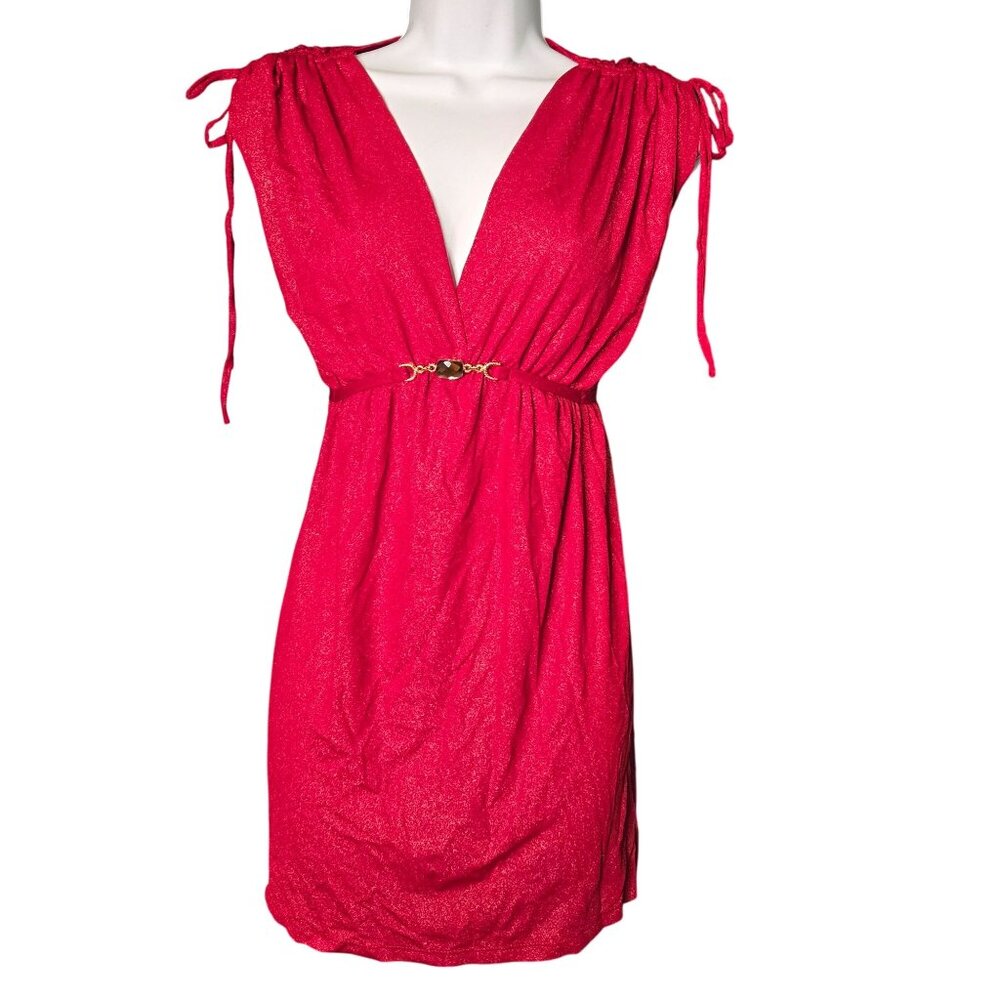 Honey Pot USA Y2K  Women's L Babydoll Red Shimmer Dress Tunic Gold Accent Drawst
